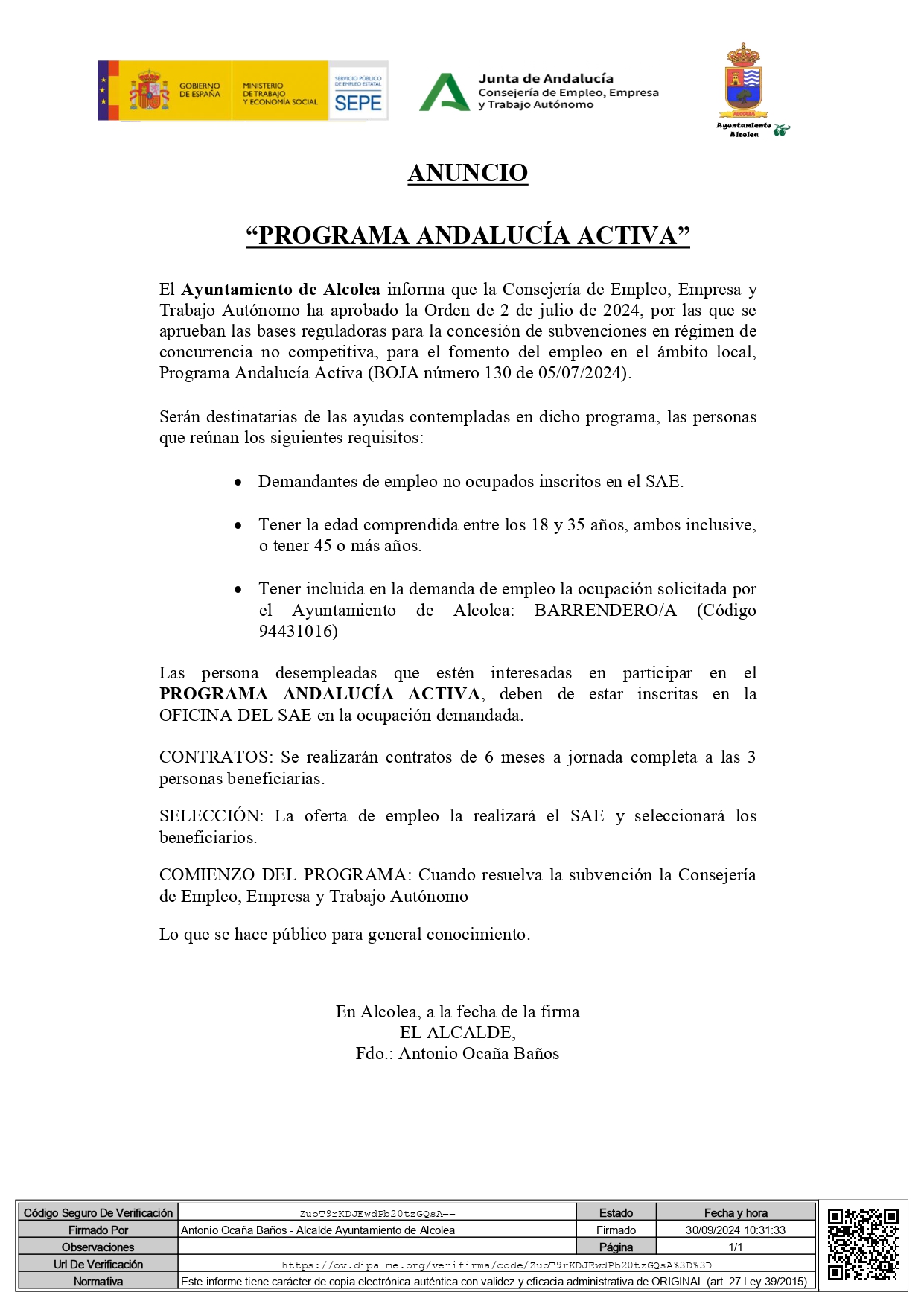 anuncio, sepe, programa, trabajo, barrenderos, oficina, empleo, junta, andalucía, alcolea